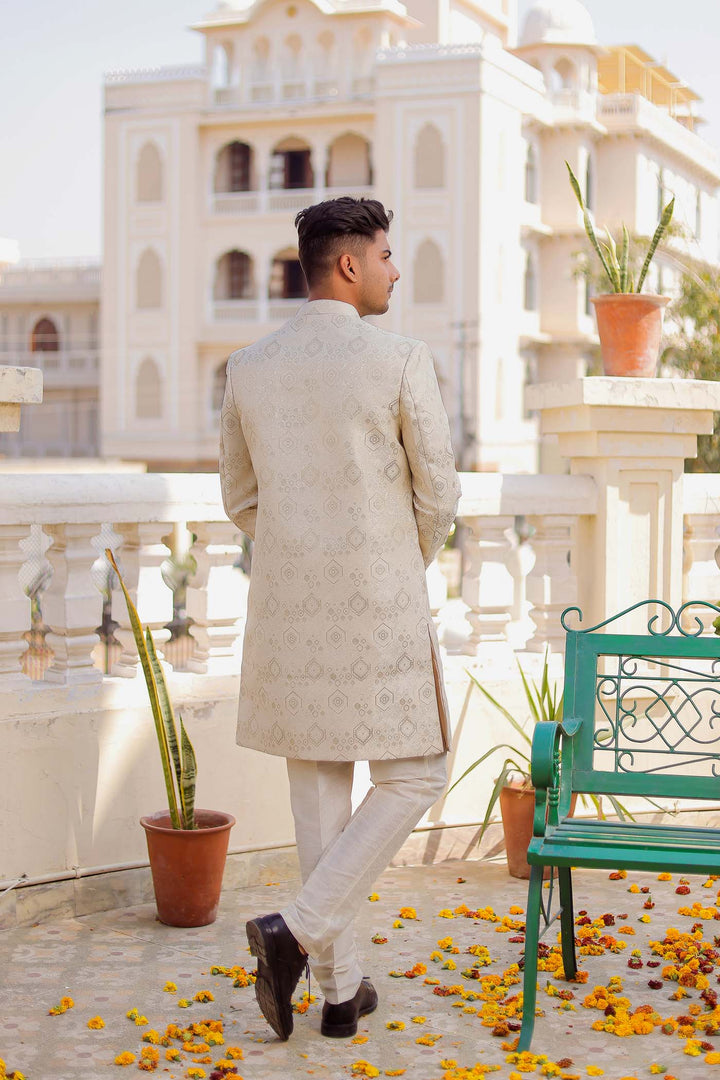 Light Gold Brocade Silk With Gold Print Indo-Western Suit