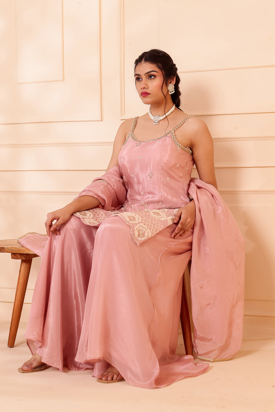 Dusty Pink Orgnaza Crepe Palazzo Suit.