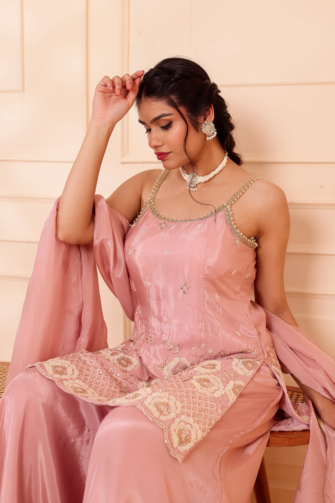 Dusty Pink Orgnaza Crepe Palazzo Suit.