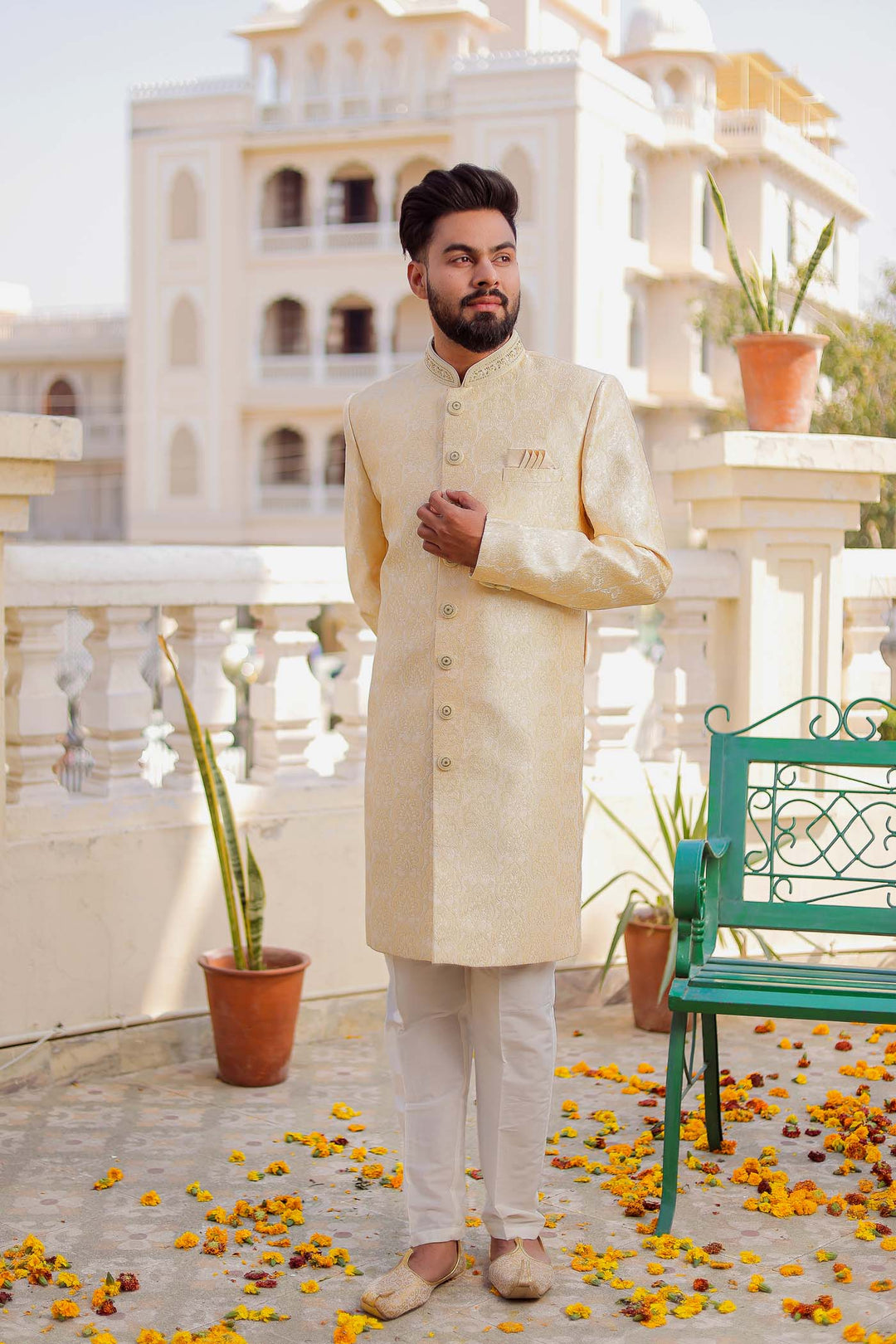 Light Yellow Brocade Silk Indo-Western Suit