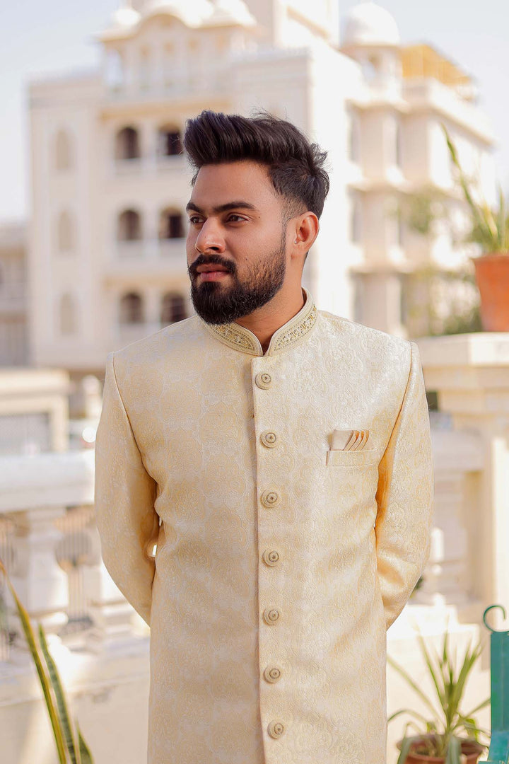 Light Yellow Brocade Silk Indo-Western Suit