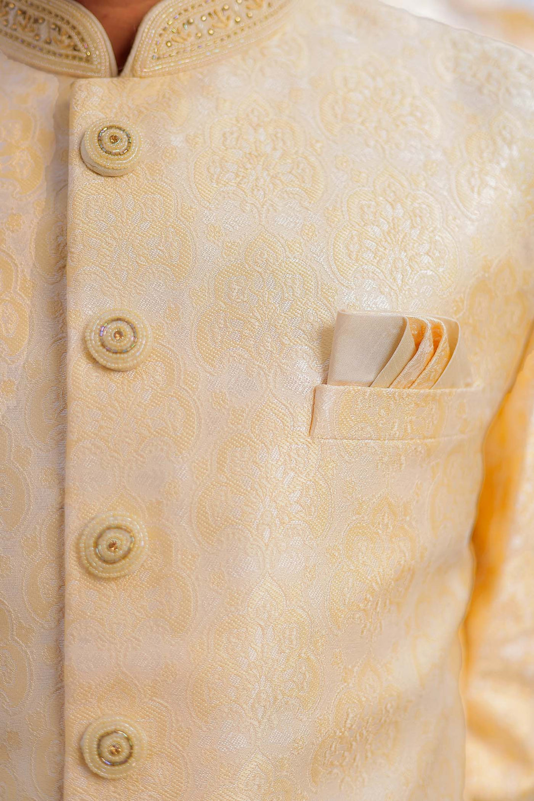 Light Yellow Brocade Silk Indo-Western Suit