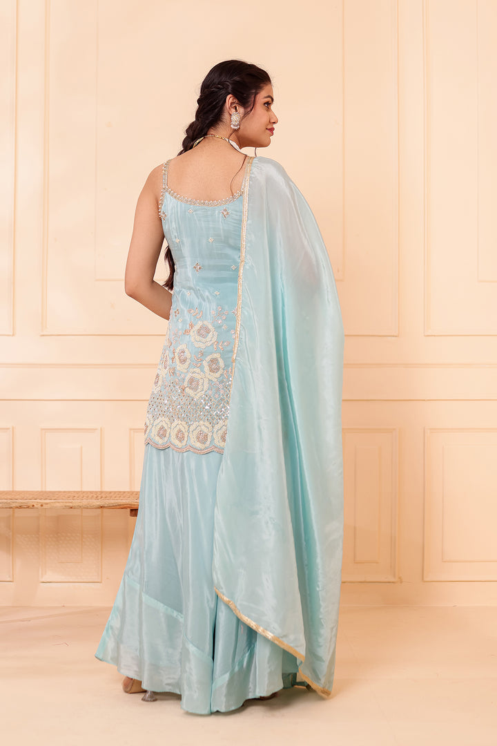 Sky Blue Orgnaza Crepe Palazzo Suit.