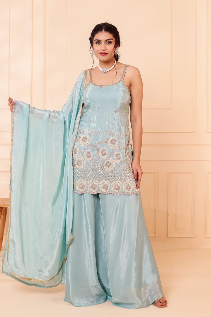 Sky Blue Orgnaza Crepe Palazzo Suit.