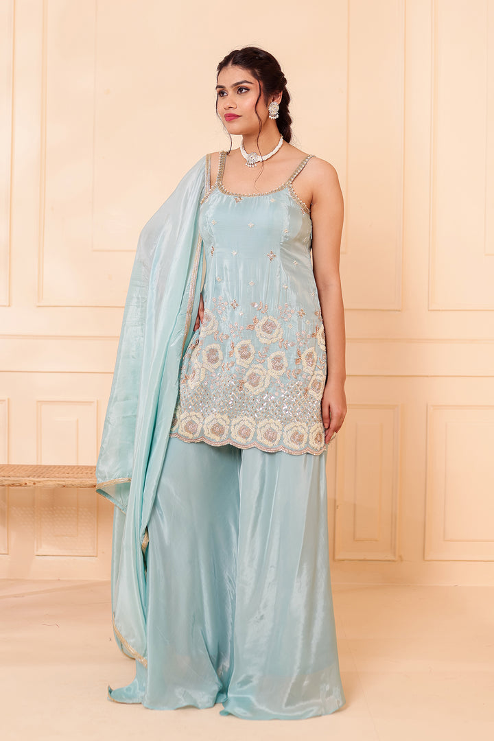 Sky Blue Orgnaza Crepe Palazzo Suit.