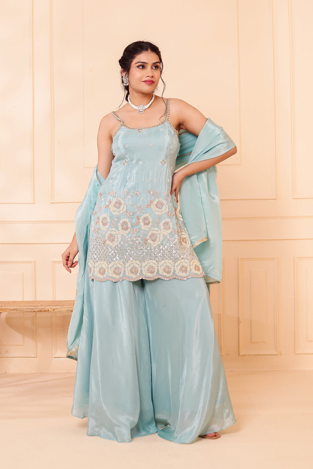 Sky Blue Orgnaza Crepe Palazzo Suit.