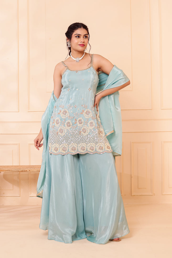 Sky Blue Orgnaza Crepe Palazzo Suit.