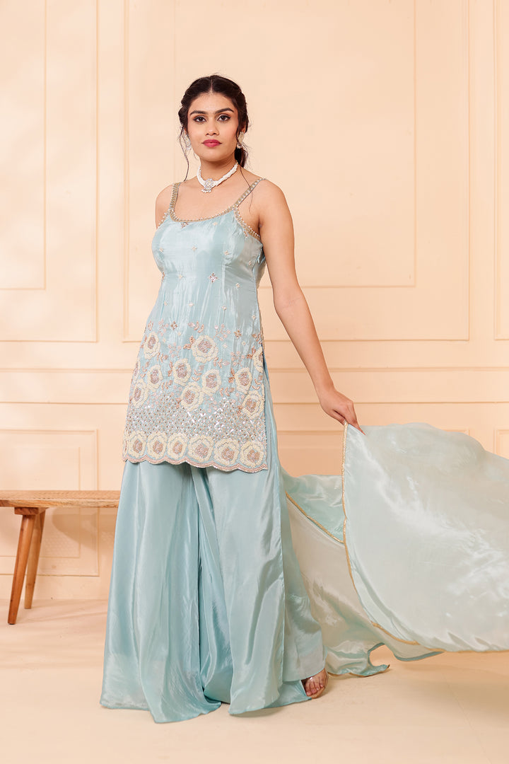Sky Blue Orgnaza Crepe Palazzo Suit.