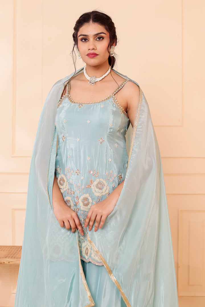 Sky Blue Orgnaza Crepe Palazzo Suit.