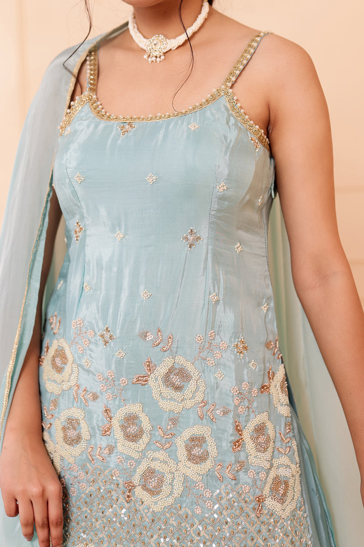 Sky Blue Orgnaza Crepe Palazzo Suit.