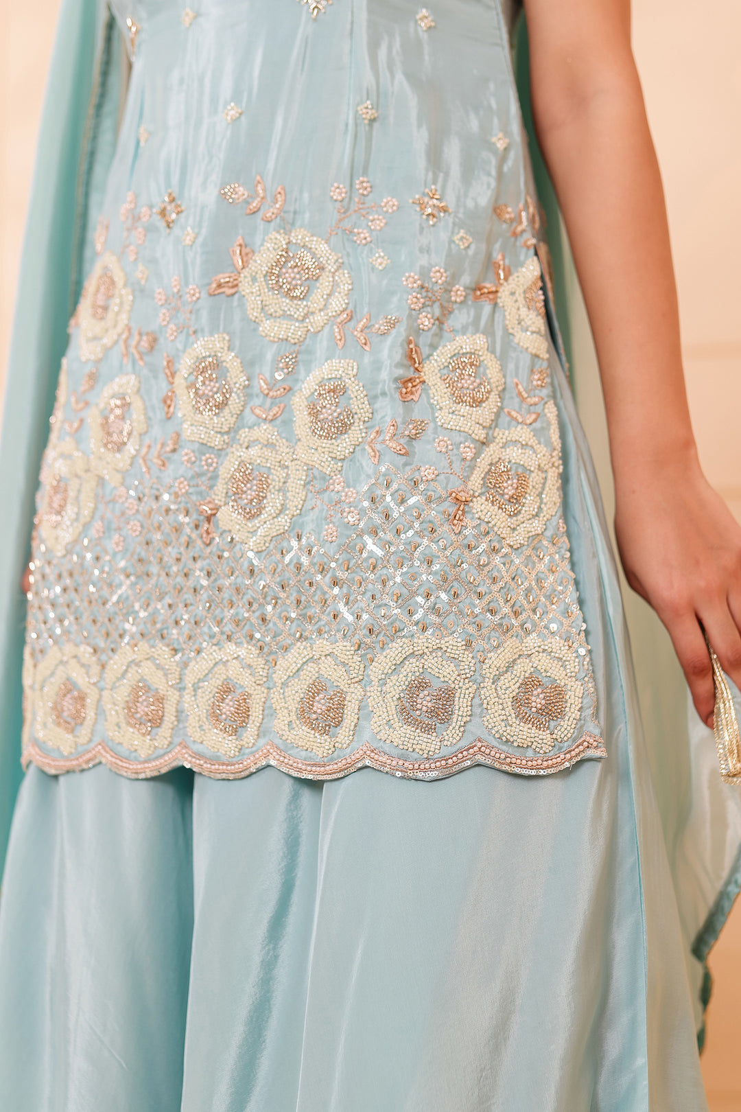 Sky Blue Orgnaza Crepe Palazzo Suit.