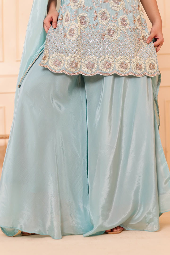 Sky Blue Orgnaza Crepe Palazzo Suit.