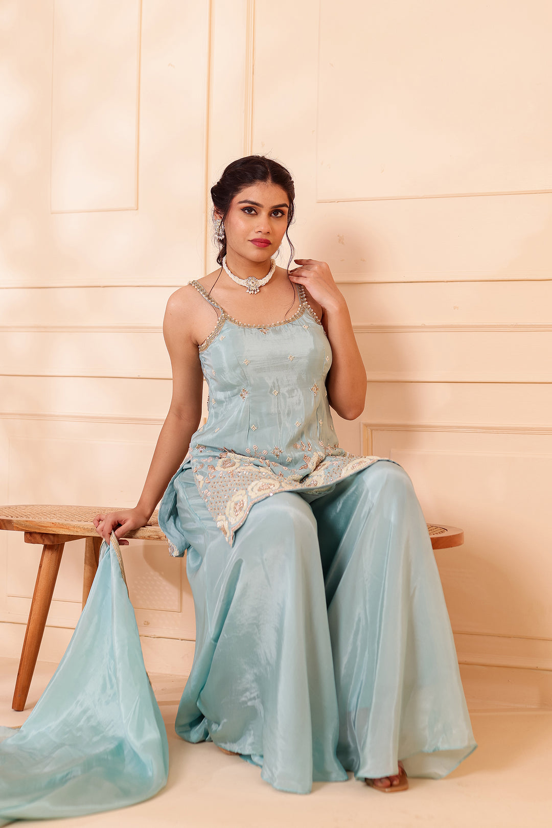 Sky Blue Orgnaza Crepe Palazzo Suit.