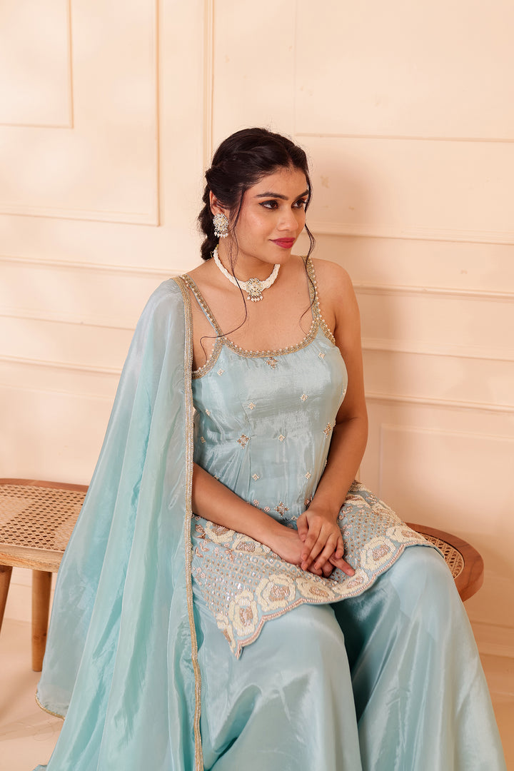 Sky Blue Orgnaza Crepe Palazzo Suit.
