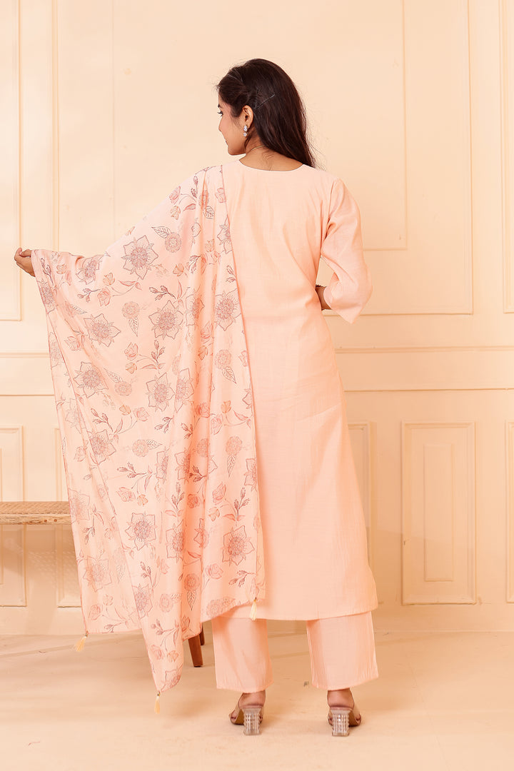 Peach Chanderi Silk Straight Cut Kurta Set.