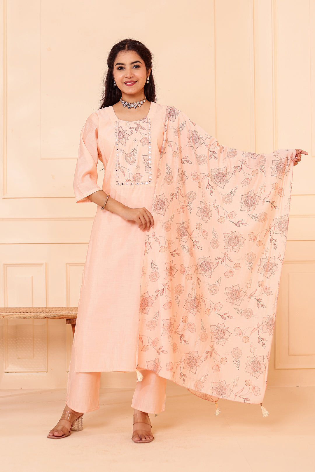 Peach Chanderi Silk Straight Cut Kurta Set.