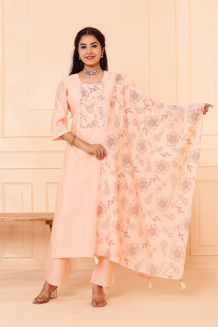 Peach Chanderi Silk Straight Cut Kurta Set.