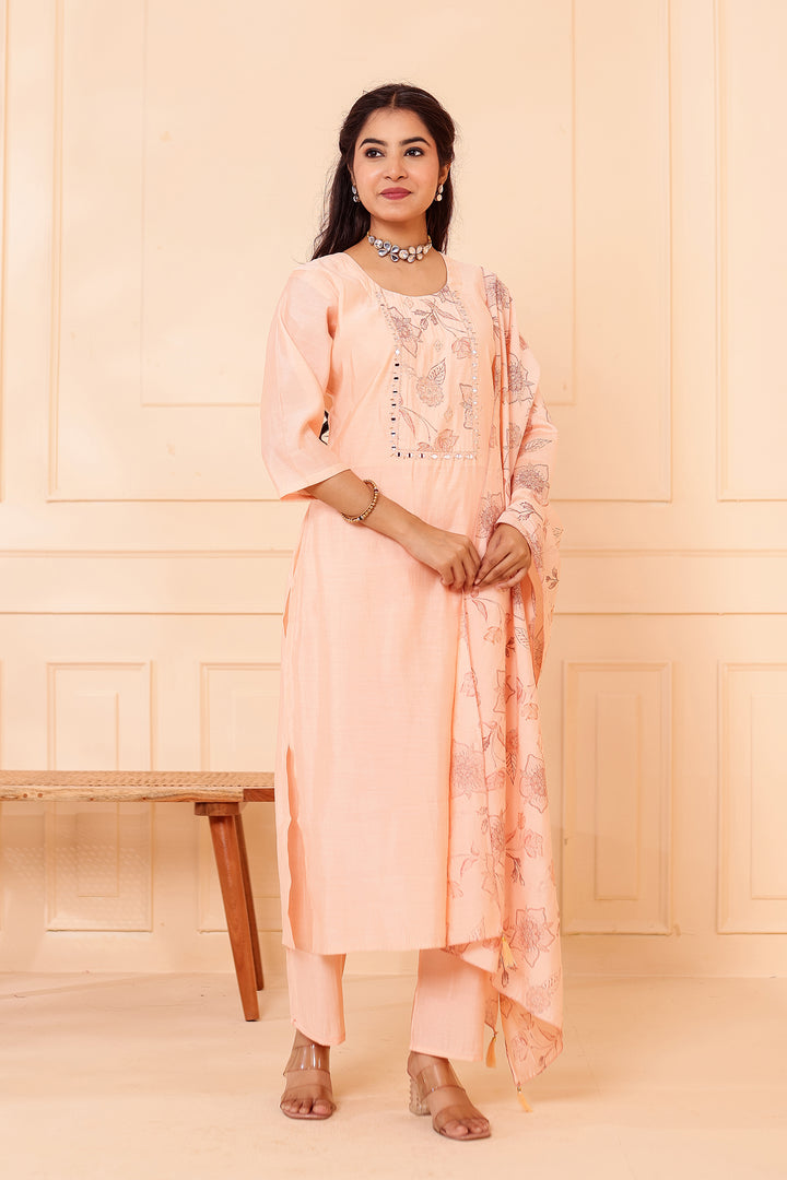 Peach Chanderi Silk Straight Cut Kurta Set.