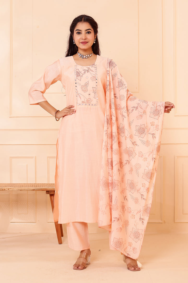 Peach Chanderi Silk Straight Cut Kurta Set.