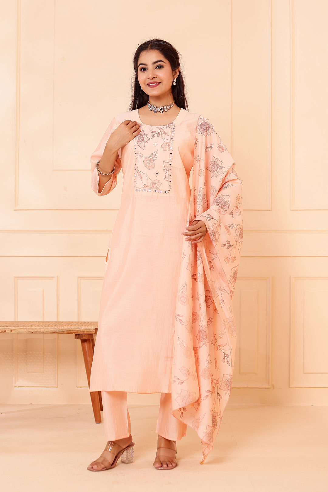 Peach Chanderi Silk Straight Cut Kurta Set.