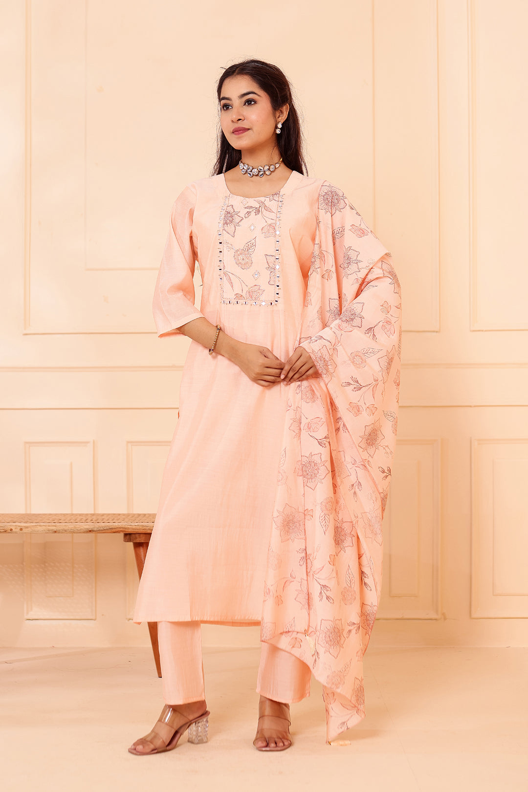 Peach Chanderi Silk Straight Cut Kurta Set.