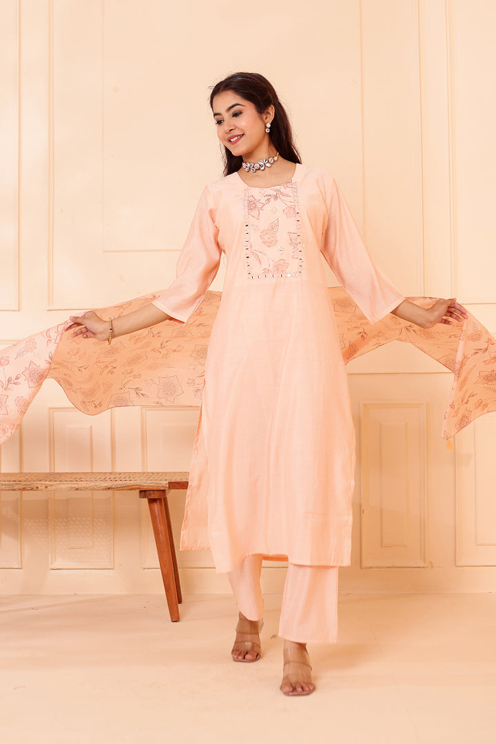 Peach Chanderi Silk Straight Cut Kurta Set.