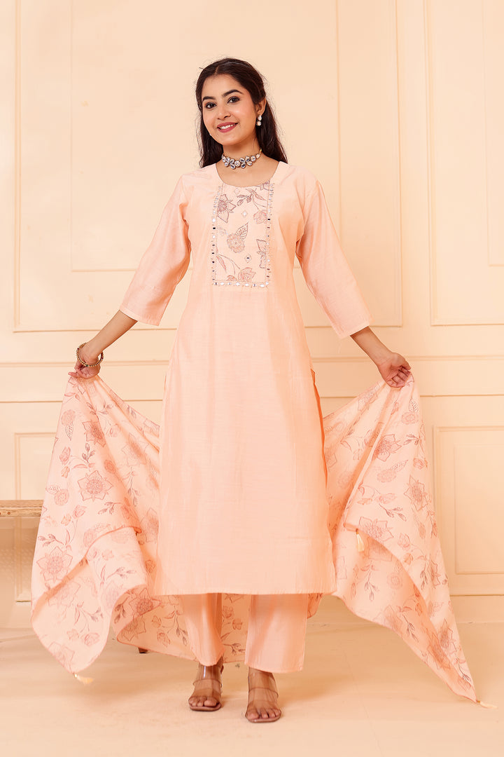 Peach Chanderi Silk Straight Cut Kurta Set.