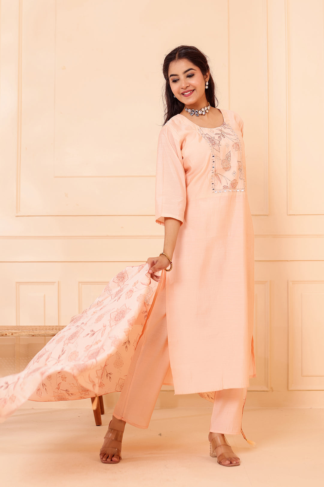 Peach Chanderi Silk Straight Cut Kurta Set.
