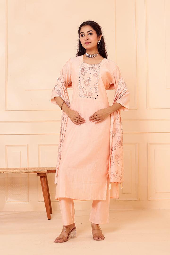 Peach Chanderi Silk Straight Cut Kurta Set.