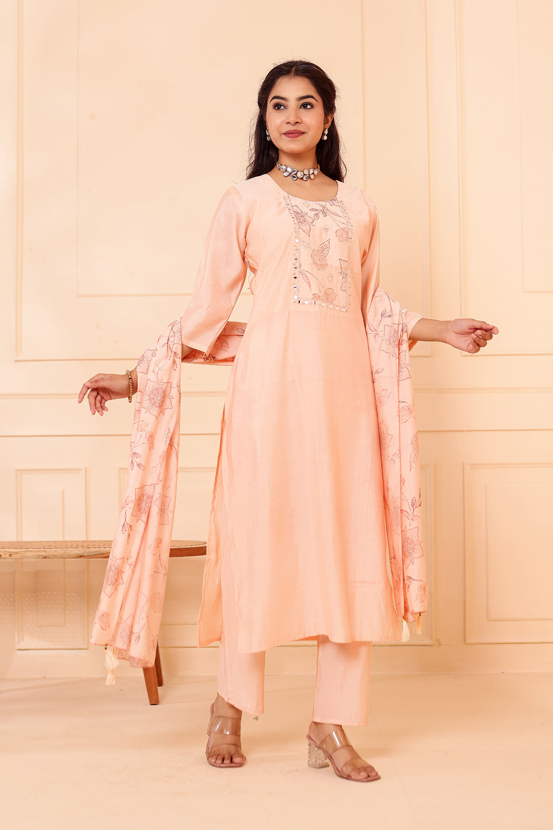 Peach Chanderi Silk Straight Cut Kurta Set.