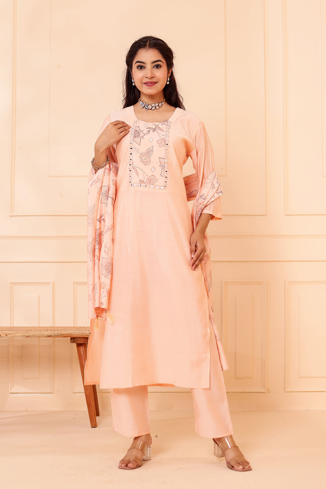 Peach Chanderi Silk Straight Cut Kurta Set.