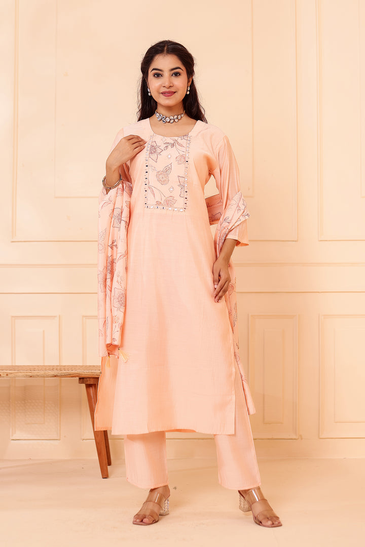 Peach Chanderi Silk Straight Cut Kurta Set.