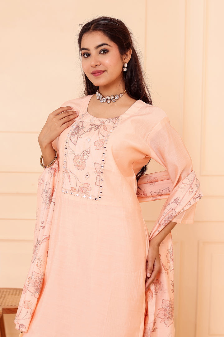 Peach Chanderi Silk Straight Cut Kurta Set.