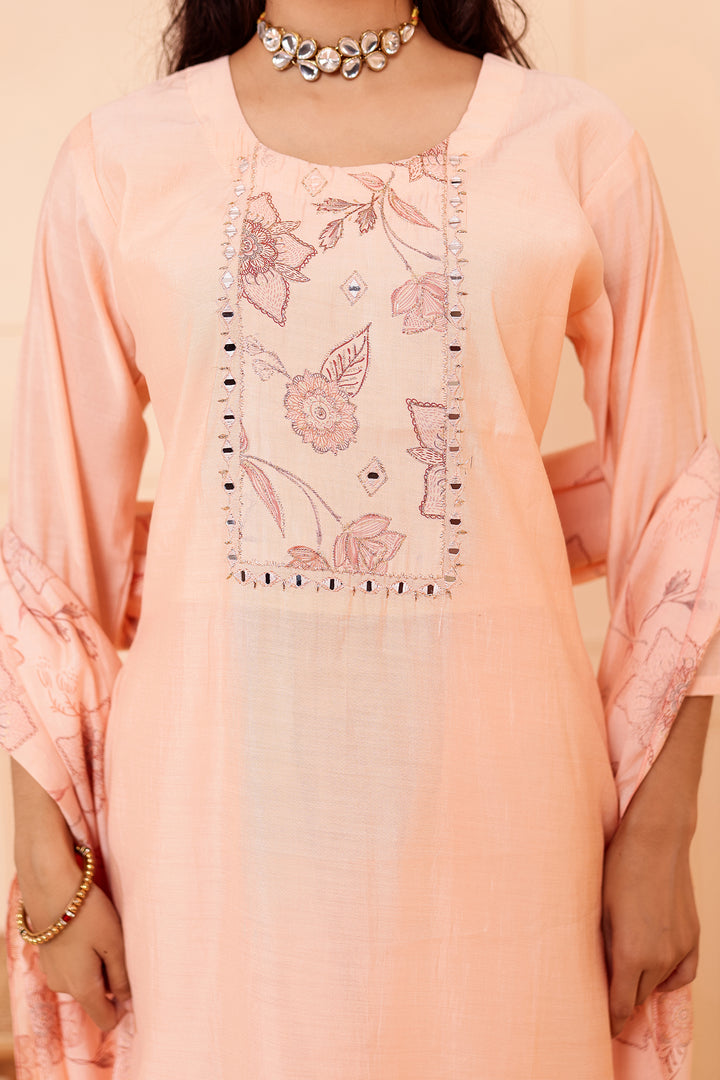 Peach Chanderi Silk Straight Cut Kurta Set.