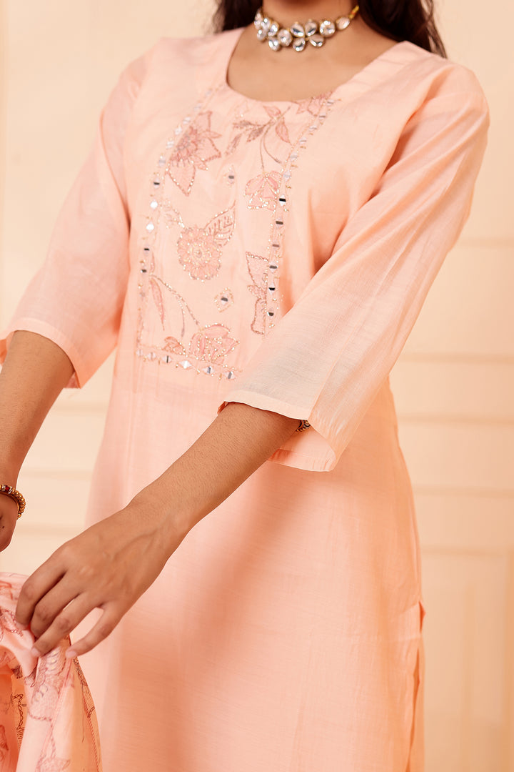 Peach Chanderi Silk Straight Cut Kurta Set.