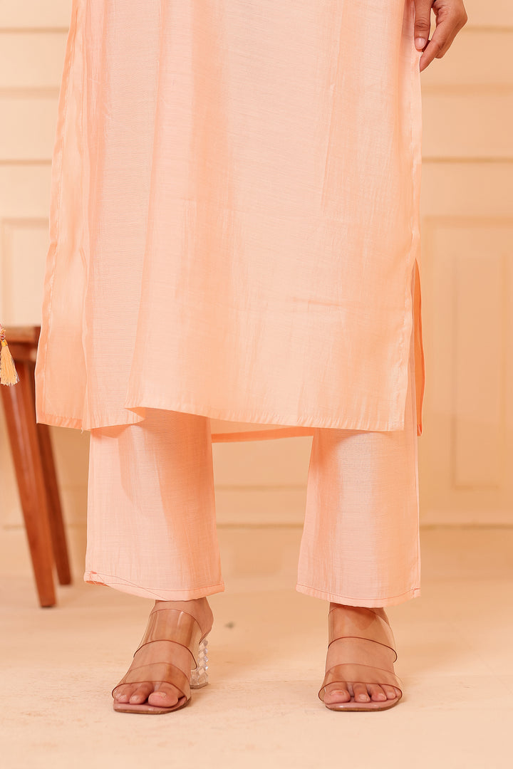Peach Chanderi Silk Straight Cut Kurta Set.