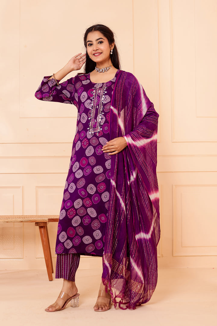 Purple Straight Cut Rayon Kurta Set with Mirror work.