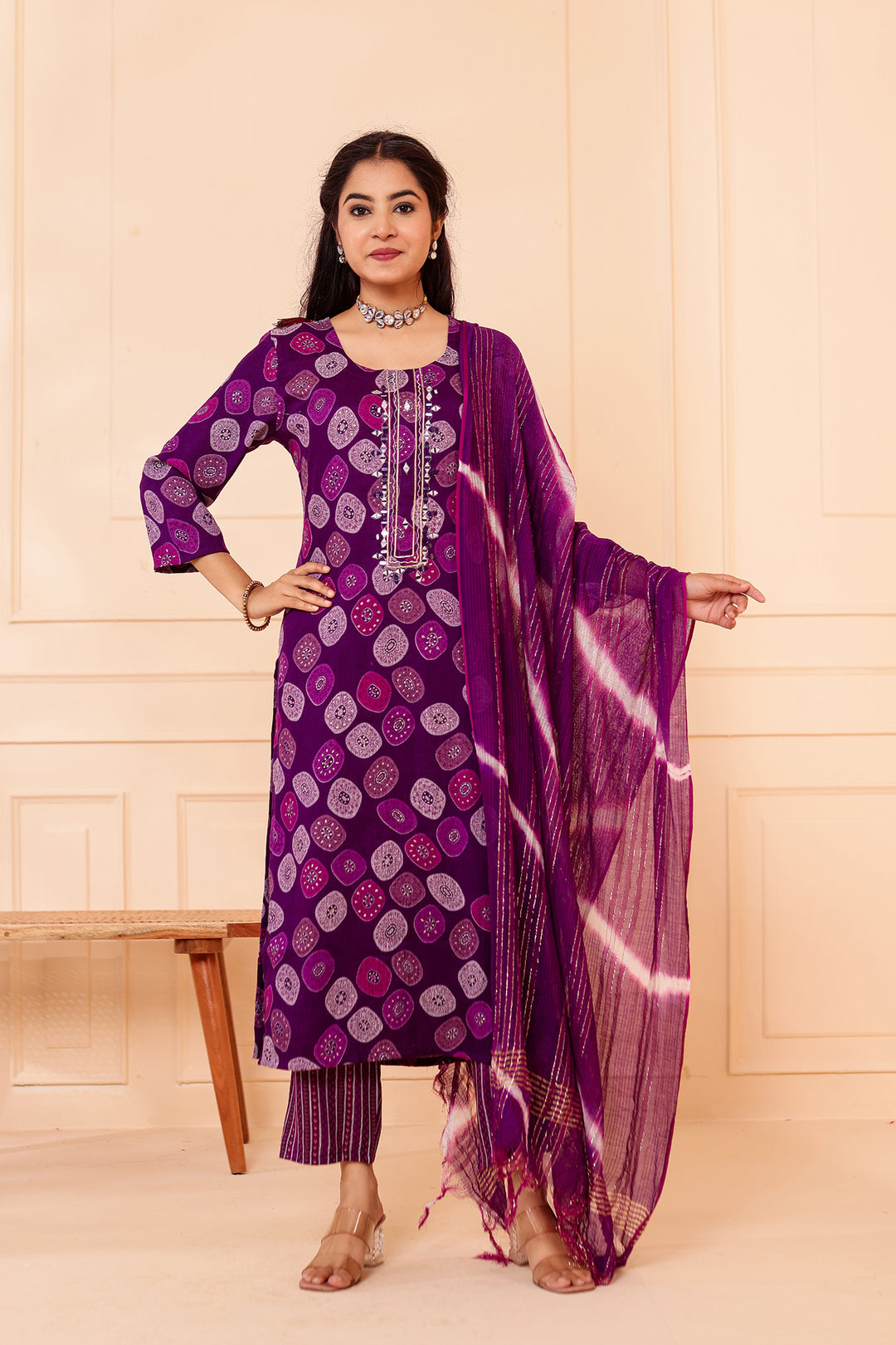 Purple Straight Cut Rayon Kurta Set with Mirror work.