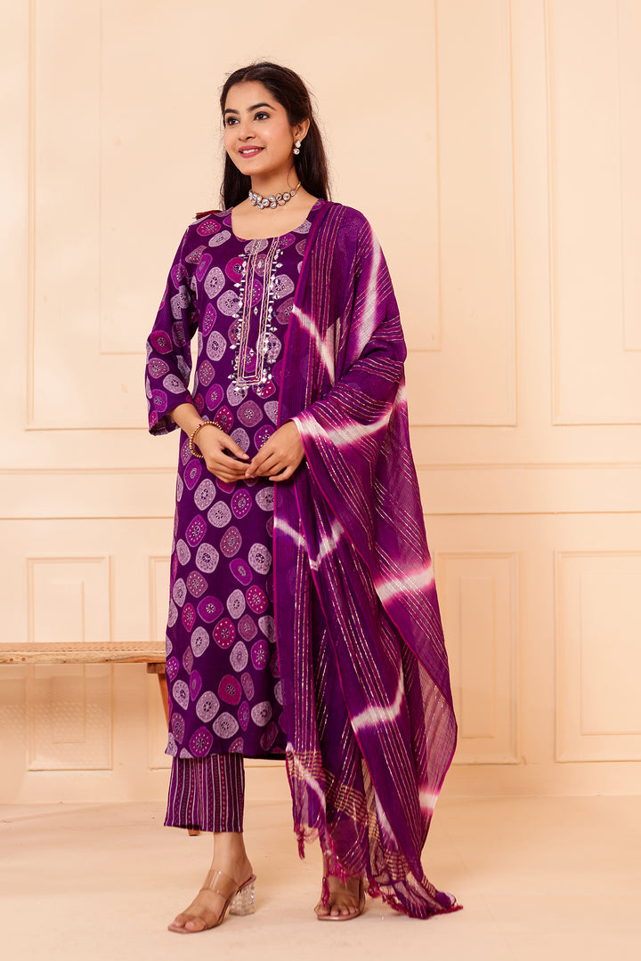 Purple Straight Cut Rayon Kurta Set with Mirror work.