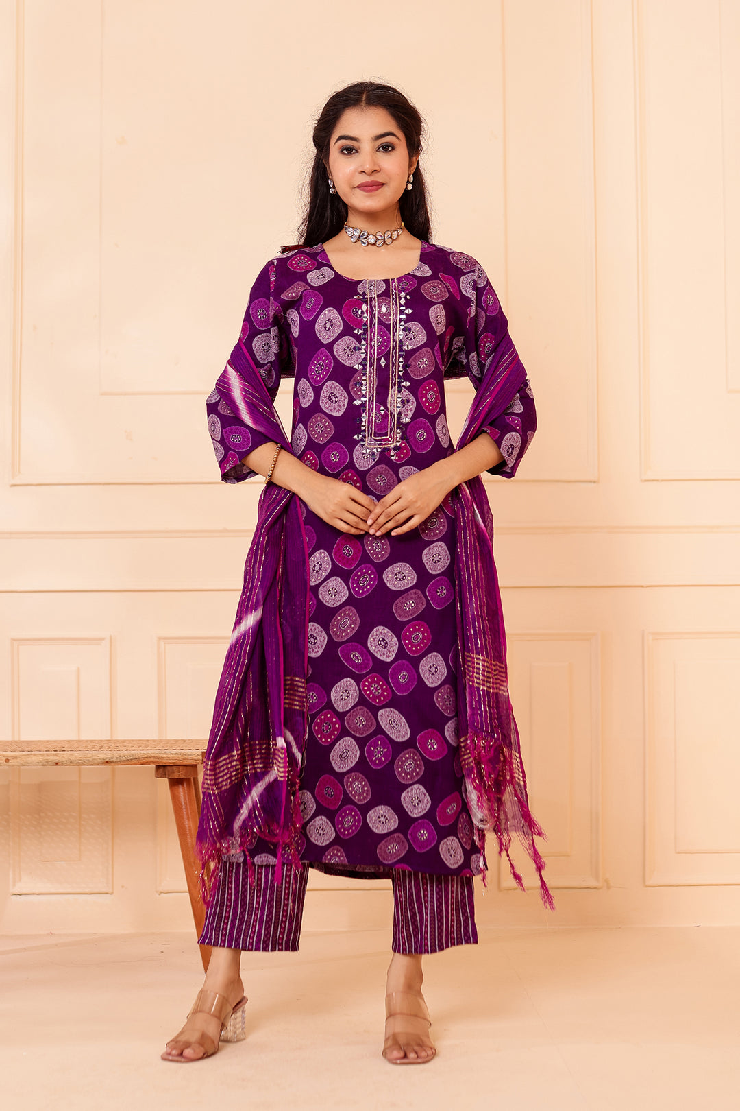 Purple Straight Cut Rayon Kurta Set with Mirror work.