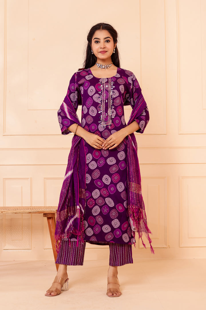 Purple Straight Cut Rayon Kurta Set with Mirror work.