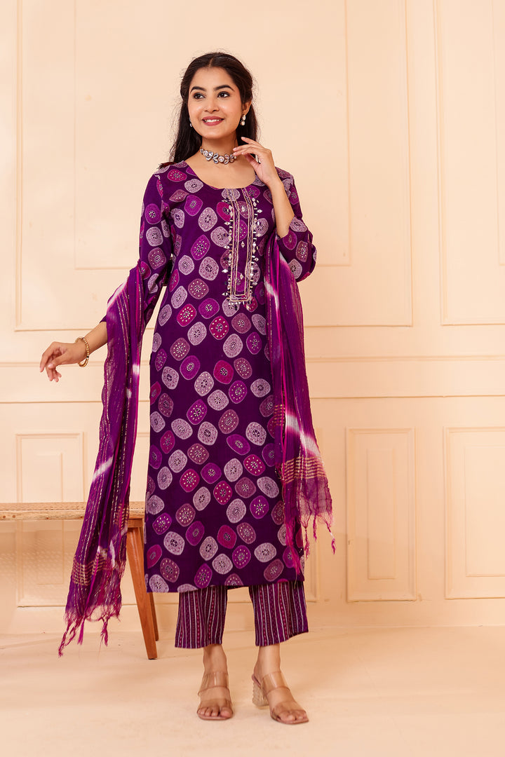 Purple Straight Cut Rayon Kurta Set with Mirror work.