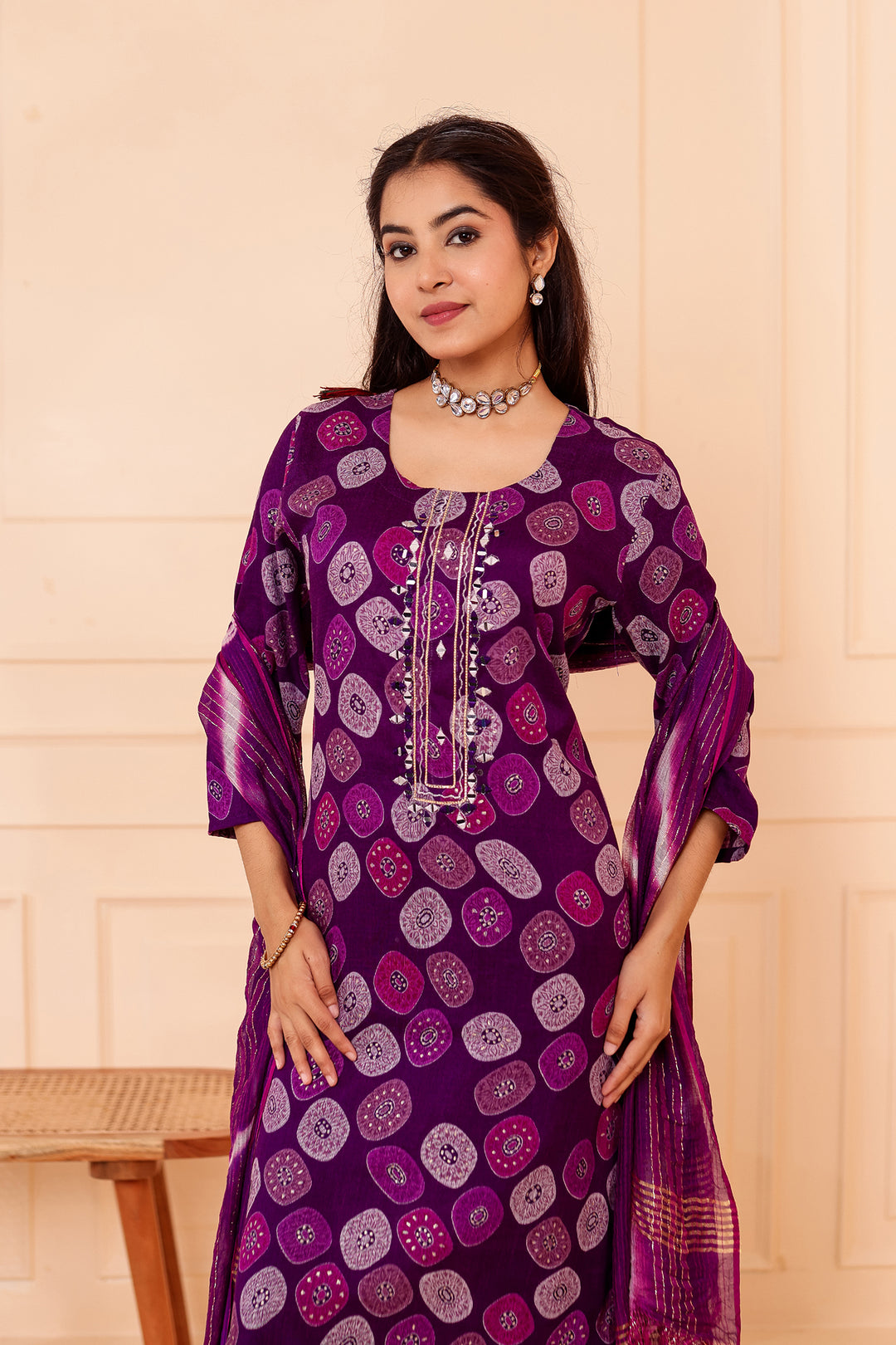 Purple Straight Cut Rayon Kurta Set with Mirror work.