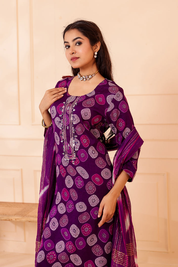 Purple Straight Cut Rayon Kurta Set with Mirror work.