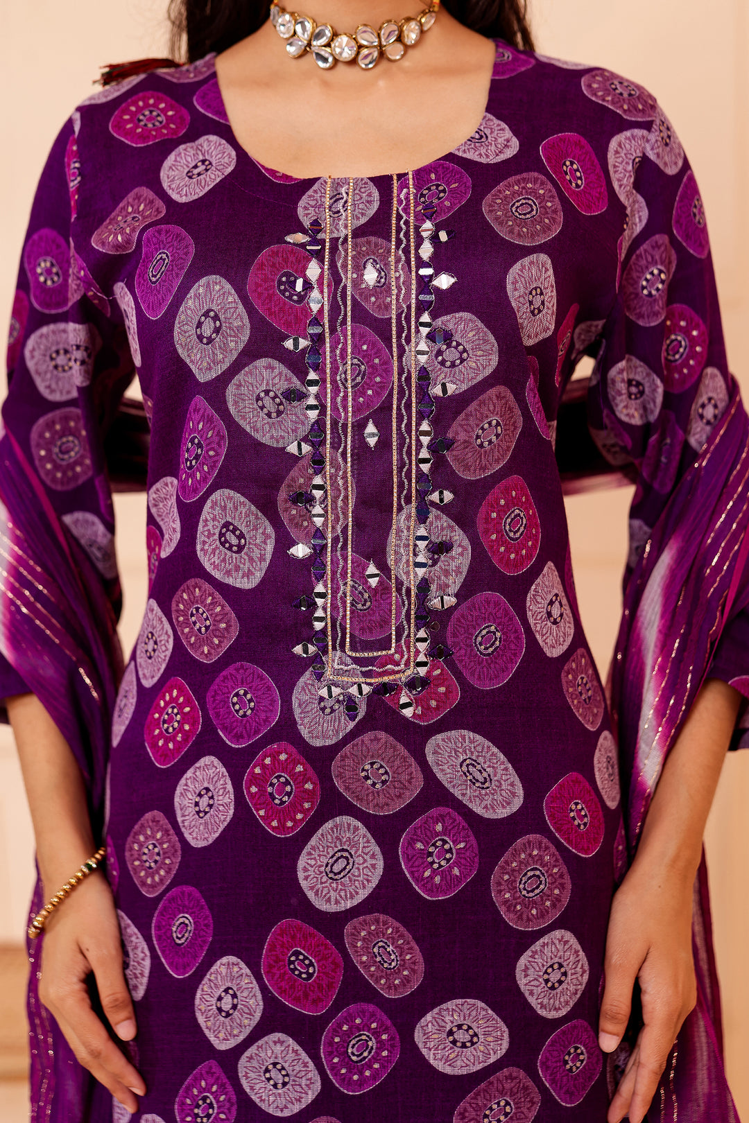 Purple Straight Cut Rayon Kurta Set with Mirror work.