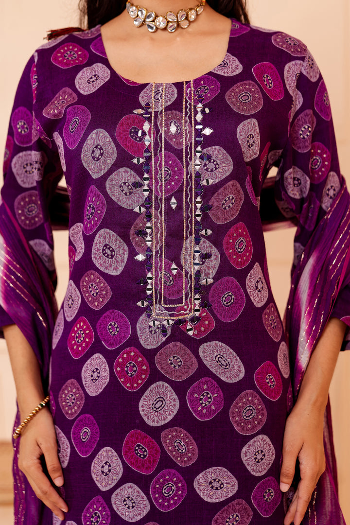 Purple Straight Cut Rayon Kurta Set with Mirror work.