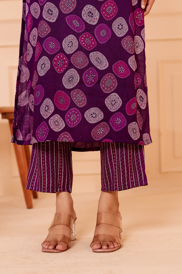 Purple Straight Cut Rayon Kurta Set with Mirror work.