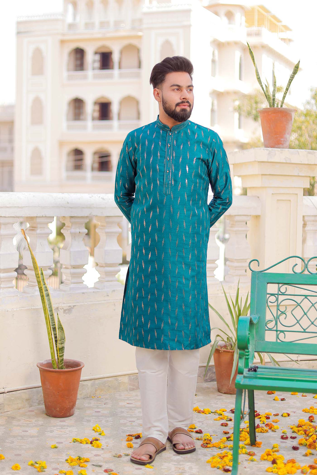 Teal Raw Silk Kurta Suit With Sequin Embroidery All Over.