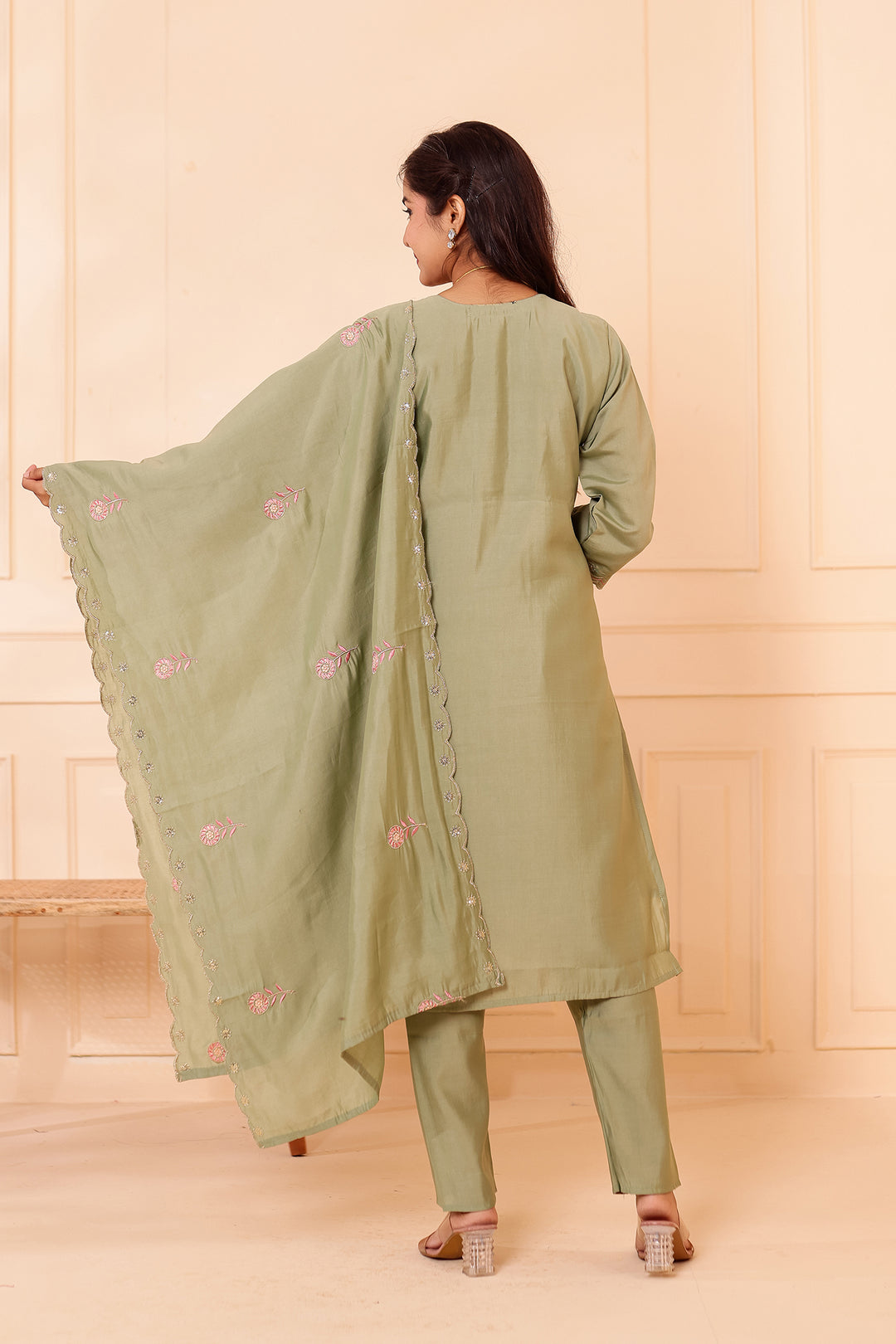 Mint Roman Silk Straight Cut Kurta Set with Floral Embroidery.