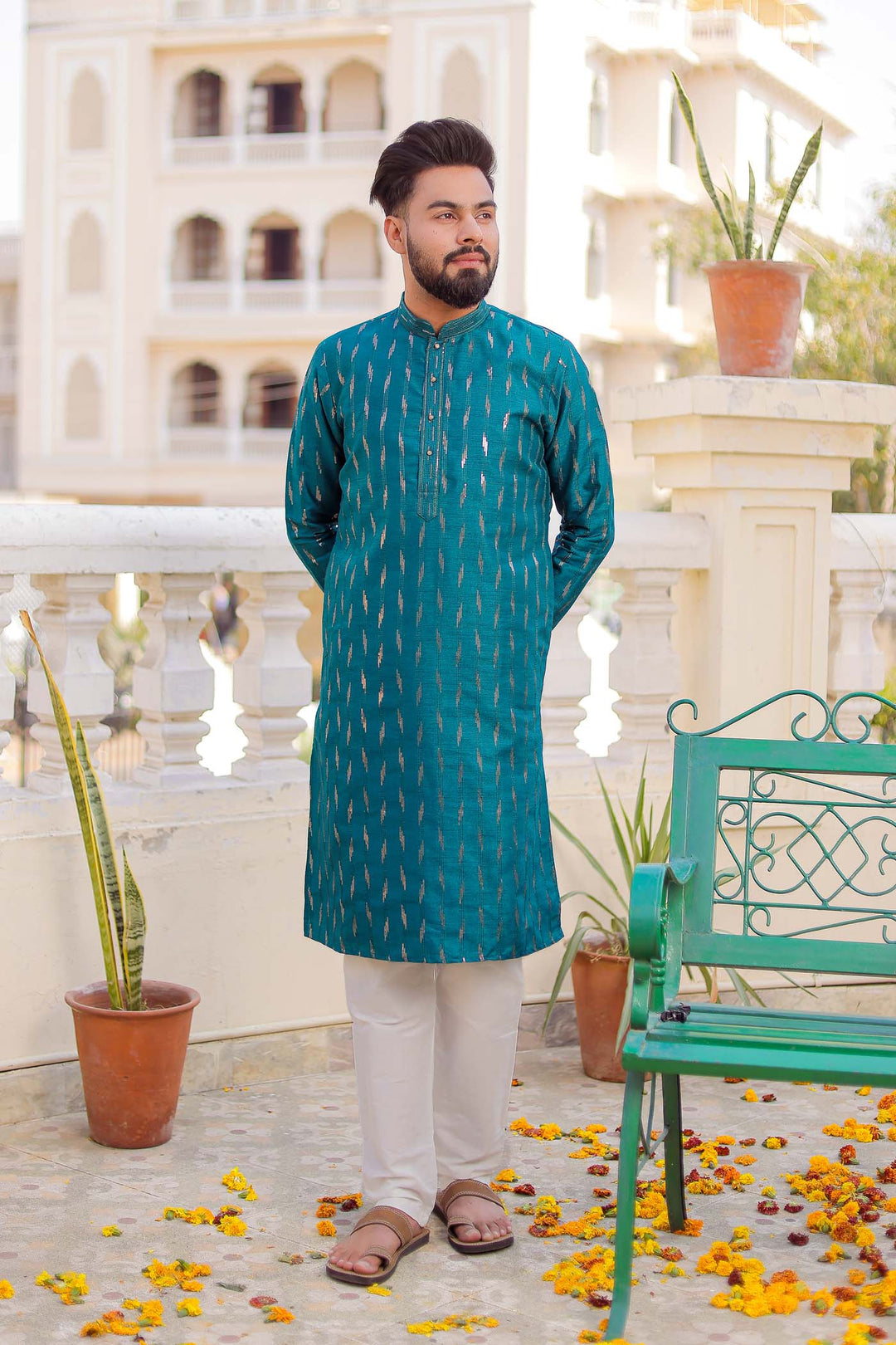 Teal Raw Silk Kurta Suit With Sequin Embroidery All Over.